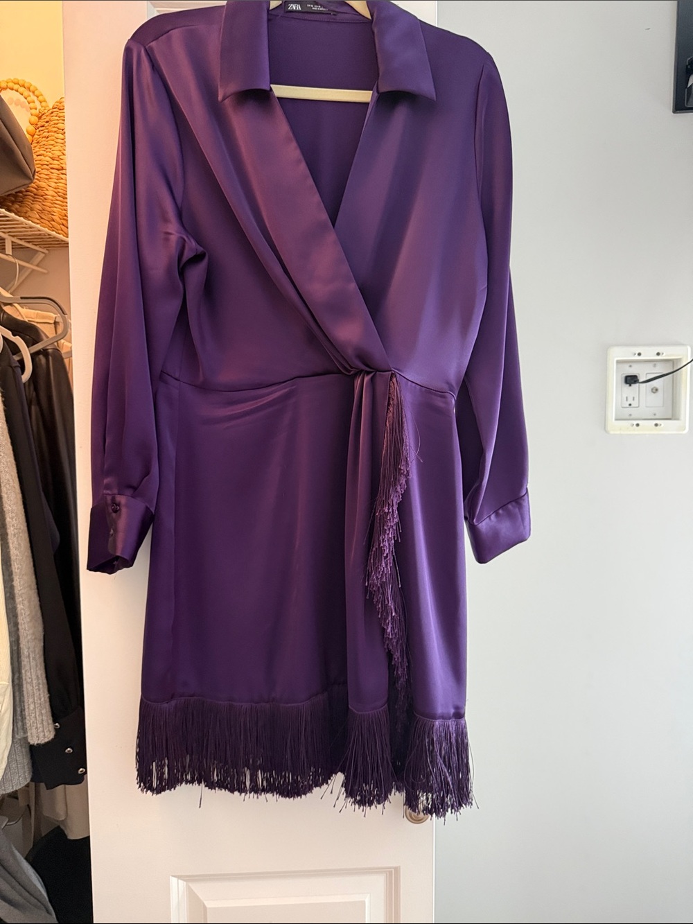 Zara Purple Satin Fringe Wrap Robe